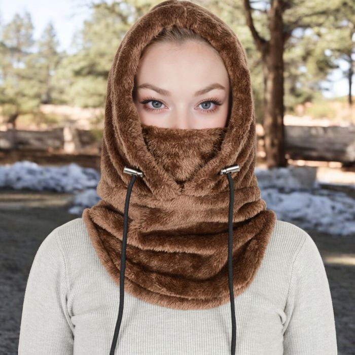 Women's Faux Shearling Hooded Scarf with Adjustable Drawstrings and Extended Neck Coverage