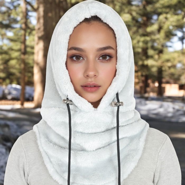 Women's Faux Shearling Hooded Scarf with Adjustable Drawstrings and Extended Neck Coverage