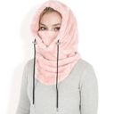 Pink Women's Faux Shearling Hooded Scarf with Adjustable Drawstrings and Extended Neck Coverage