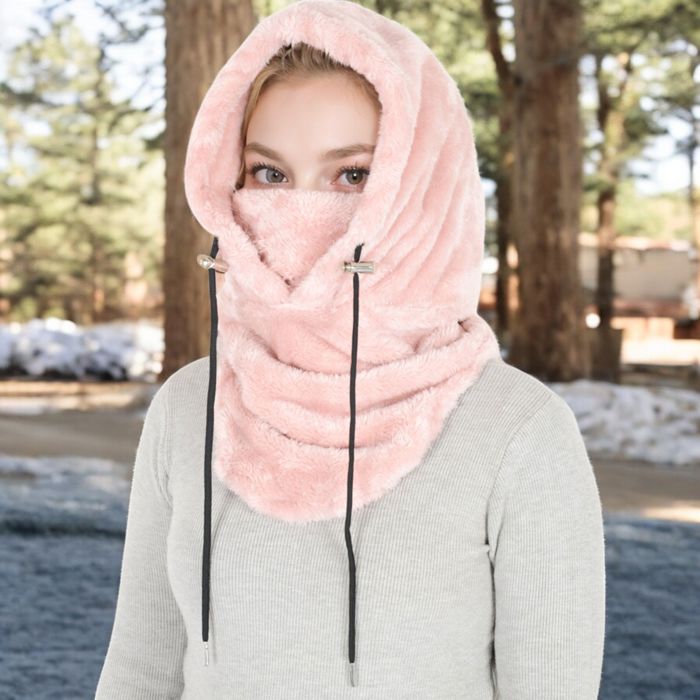 Women's Faux Shearling Hooded Scarf with Adjustable Drawstrings and Extended Neck Coverage