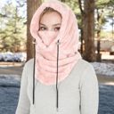 Pink Women's Faux Shearling Hooded Scarf with Adjustable Drawstrings and Extended Neck Coverage