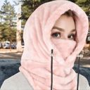 Pink Women's Faux Shearling Hooded Scarf with Adjustable Drawstrings and Extended Neck Coverage