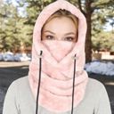 Pink Women's Faux Shearling Hooded Scarf with Adjustable Drawstrings and Extended Neck Coverage