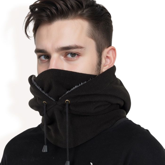 Men's Fleece Hooded Neck Warmer with Adjustable Drawstrings and Full Face Coverage for Cold Weather