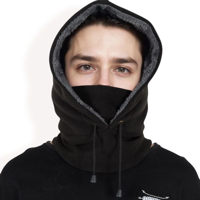 Men's Fleece Hooded Neck Warmer with Adjustable Drawstrings and Full Face Coverage for Cold Weather