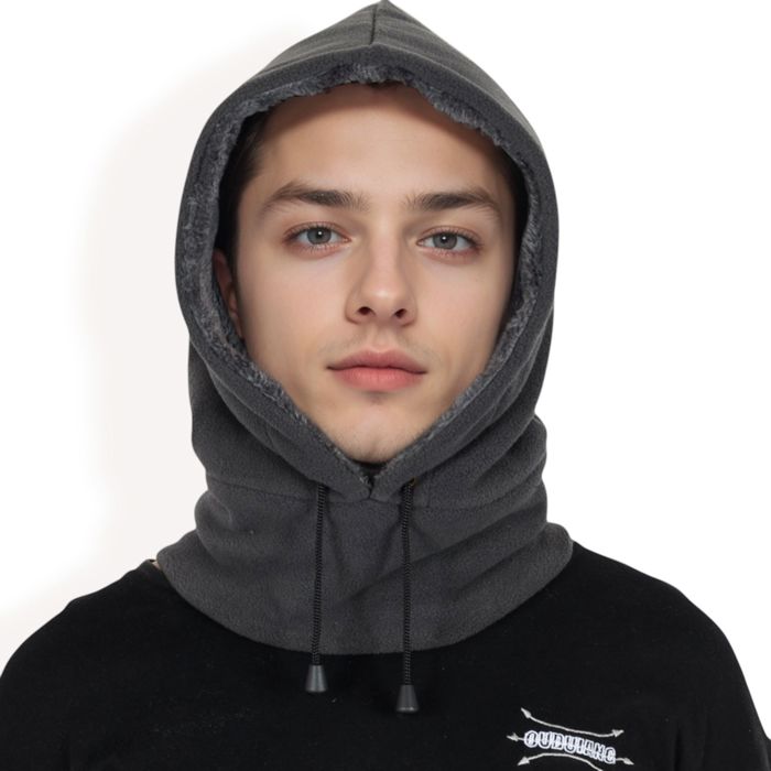 Men's Fleece Hooded Neck Warmer with Adjustable Drawstrings and Full Face Coverage for Cold Weather