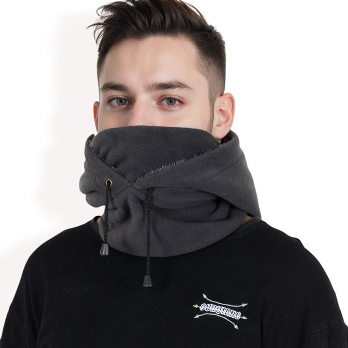 Men's Fleece Hooded Neck Warmer with Adjustable Drawstrings and Full Face Coverage for Cold Weather