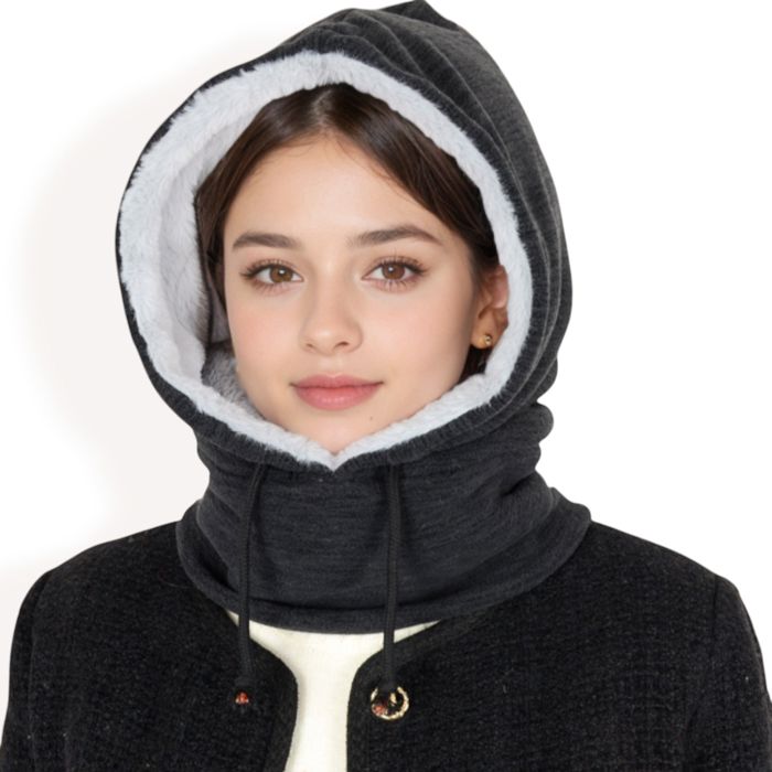 Women's Fleece-Lined Hooded Neck Warmer with Adjustable Drawstrings for Full Coverage and Winter Protection