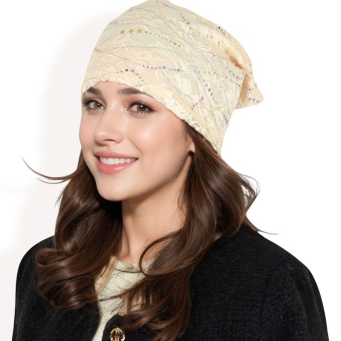 Women's Lace Slouchy Beanie with Floral Pattern and Sparkling Rhinestone Details