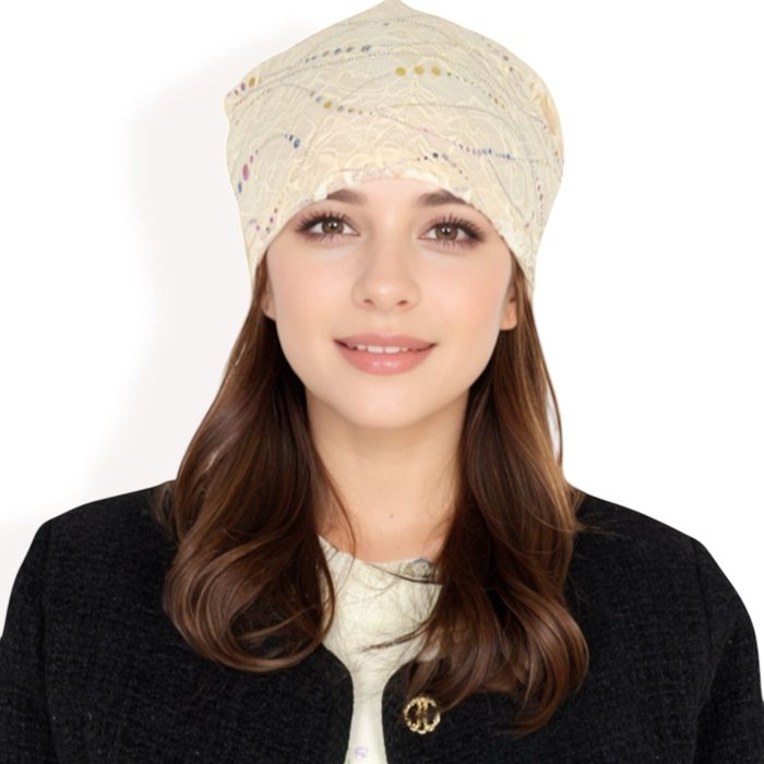 Women's Lace Slouchy Beanie with Floral Pattern and Sparkling Rhinestone Details