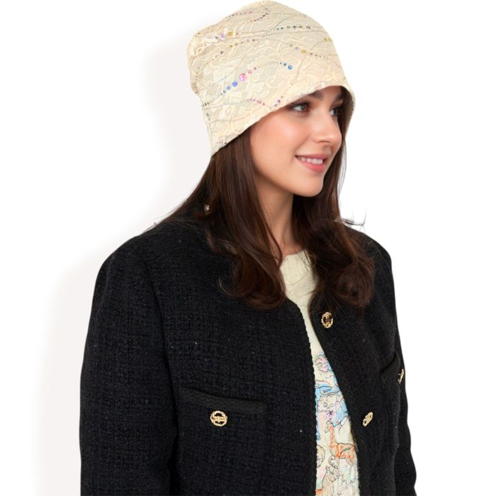 Women's Lace Slouchy Beanie with Floral Pattern and Sparkling Rhinestone Details