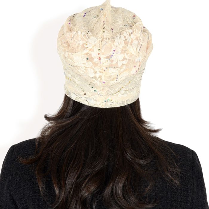 Women's Lace Slouchy Beanie with Floral Pattern and Sparkling Rhinestone Details