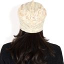 Beige Women's Lace Slouchy Beanie with Floral Pattern and Sparkling Rhinestone Details