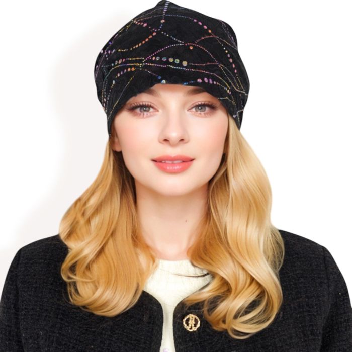 Women's Lace Slouchy Beanie with Floral Pattern and Sparkling Rhinestone Details