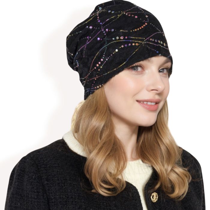 Women's Lace Slouchy Beanie with Floral Pattern and Sparkling Rhinestone Details