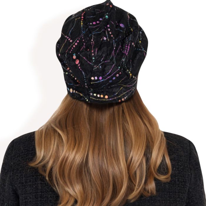 Women's Lace Slouchy Beanie with Floral Pattern and Sparkling Rhinestone Details