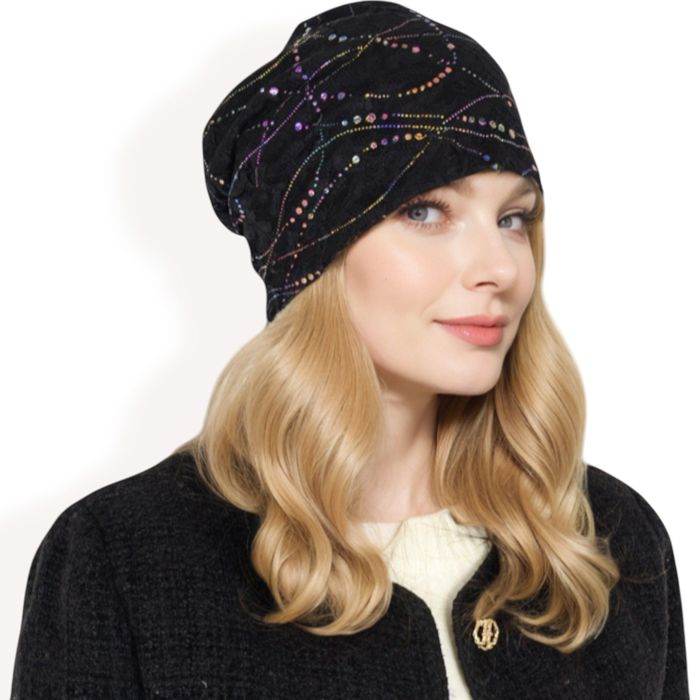 Women's Lace Slouchy Beanie with Floral Pattern and Sparkling Rhinestone Details