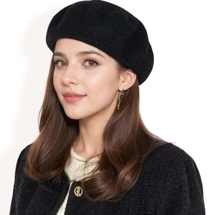 Women'sClassic Wool Beret Hat with Adjustable Inner Band and Timeless Parisian Style