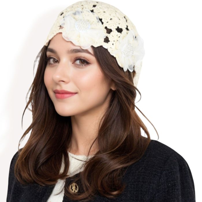 Women's Handmade Crochet Lace Cap with Floral Appliques and Elegant Vintage-Inspired Design