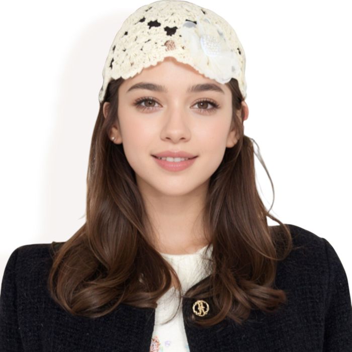 Women's Handmade Crochet Lace Cap with Floral Appliques and Elegant Vintage-Inspired Design