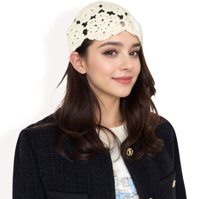 Women's Handmade Crochet Lace Cap with Floral Appliques and Elegant Vintage-Inspired Design