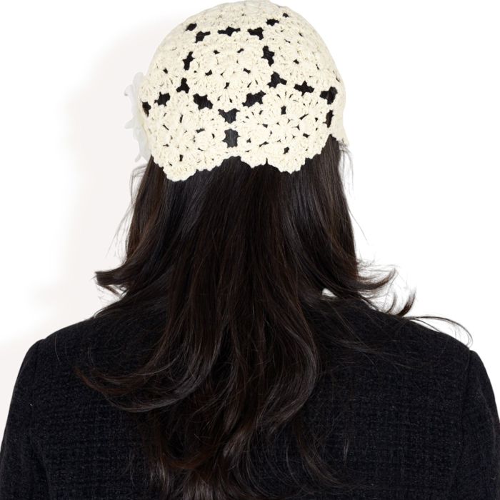 Women's Handmade Crochet Lace Cap with Floral Appliques and Elegant Vintage-Inspired Design