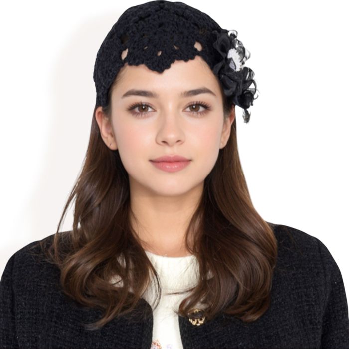 Women's Handmade Crochet Lace Cap with Floral Appliques and Elegant Vintage-Inspired Design