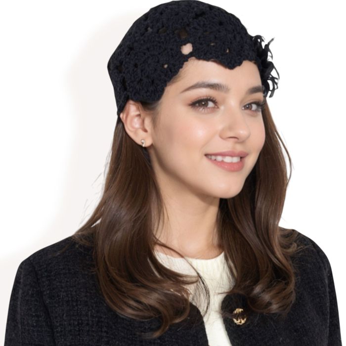 Women's Handmade Crochet Lace Cap with Floral Appliques and Elegant Vintage-Inspired Design