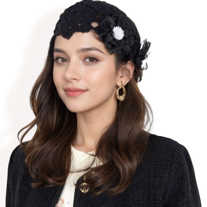 Women's Handmade Crochet Lace Cap with Floral Appliques and Elegant Vintage-Inspired Design