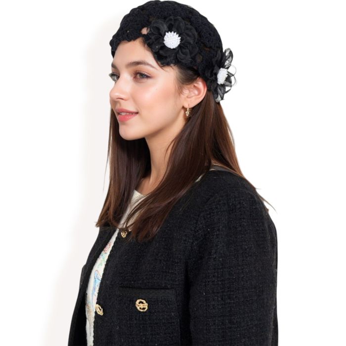 Women's Handmade Crochet Lace Cap with Floral Appliques and Elegant Vintage-Inspired Design