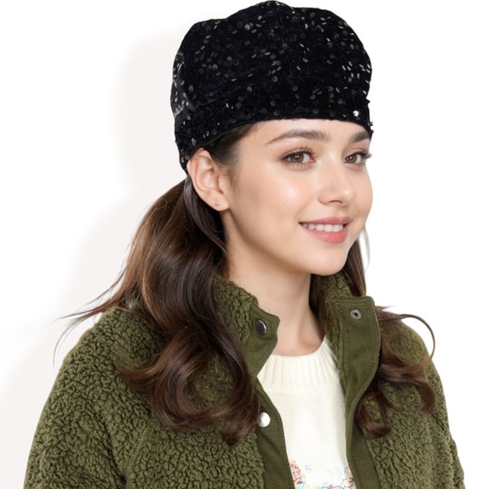 Women's Sequin Velvet Beret with Sparkling Embellishments and Comfortable Satin-Lined Interior