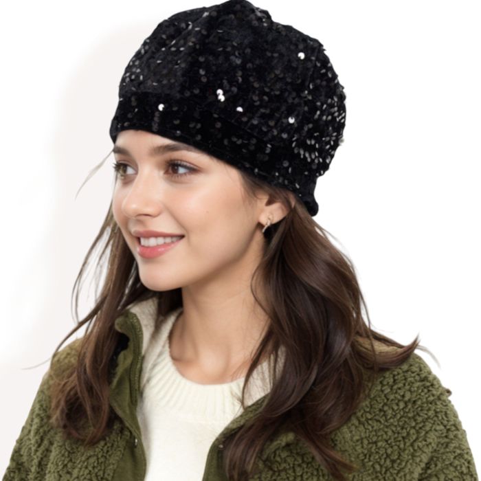 Women's Sequin Velvet Beret with Sparkling Embellishments and Comfortable Satin-Lined Interior