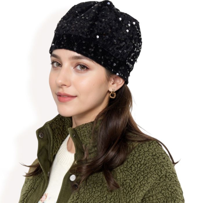 Women's Sequin Velvet Beret with Sparkling Embellishments and Comfortable Satin-Lined Interior