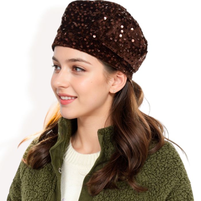 Women's Sequin Velvet Beret with Sparkling Embellishments and Comfortable Satin-Lined Interior