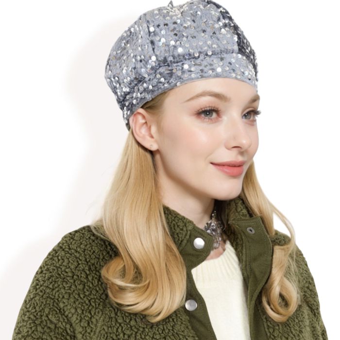 Women's Sequin Velvet Beret with Sparkling Embellishments and Comfortable Satin-Lined Interior