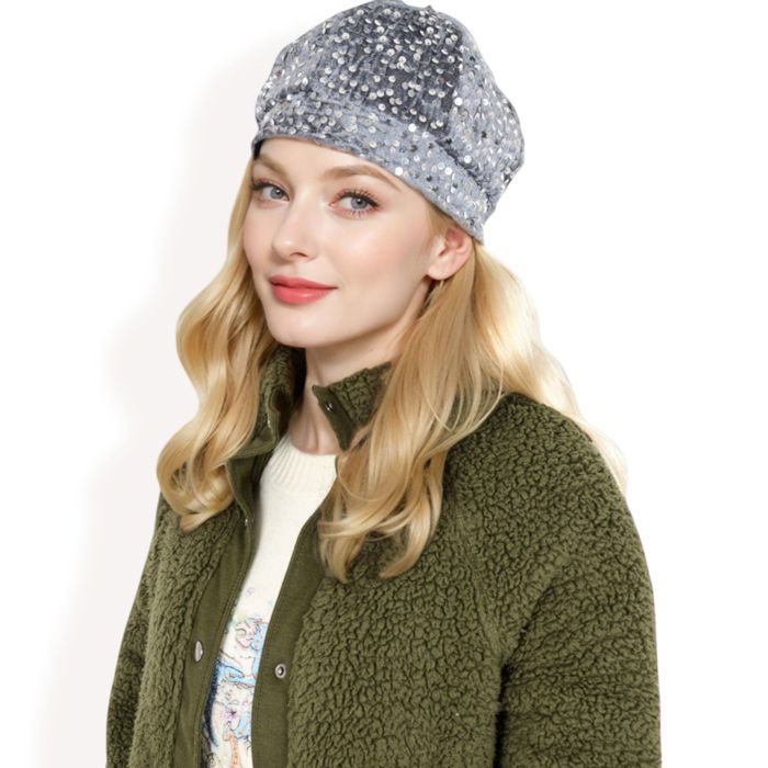 Women's Sequin Velvet Beret with Sparkling Embellishments and Comfortable Satin-Lined Interior