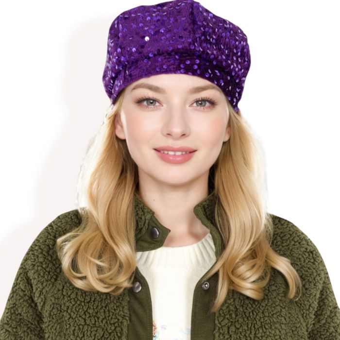 Women's Sequin Velvet Beret with Sparkling Embellishments and Comfortable Satin-Lined Interior