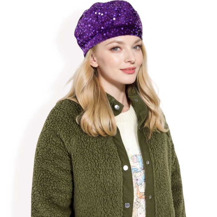 Women's Sequin Velvet Beret with Sparkling Embellishments and Comfortable Satin-Lined Interior