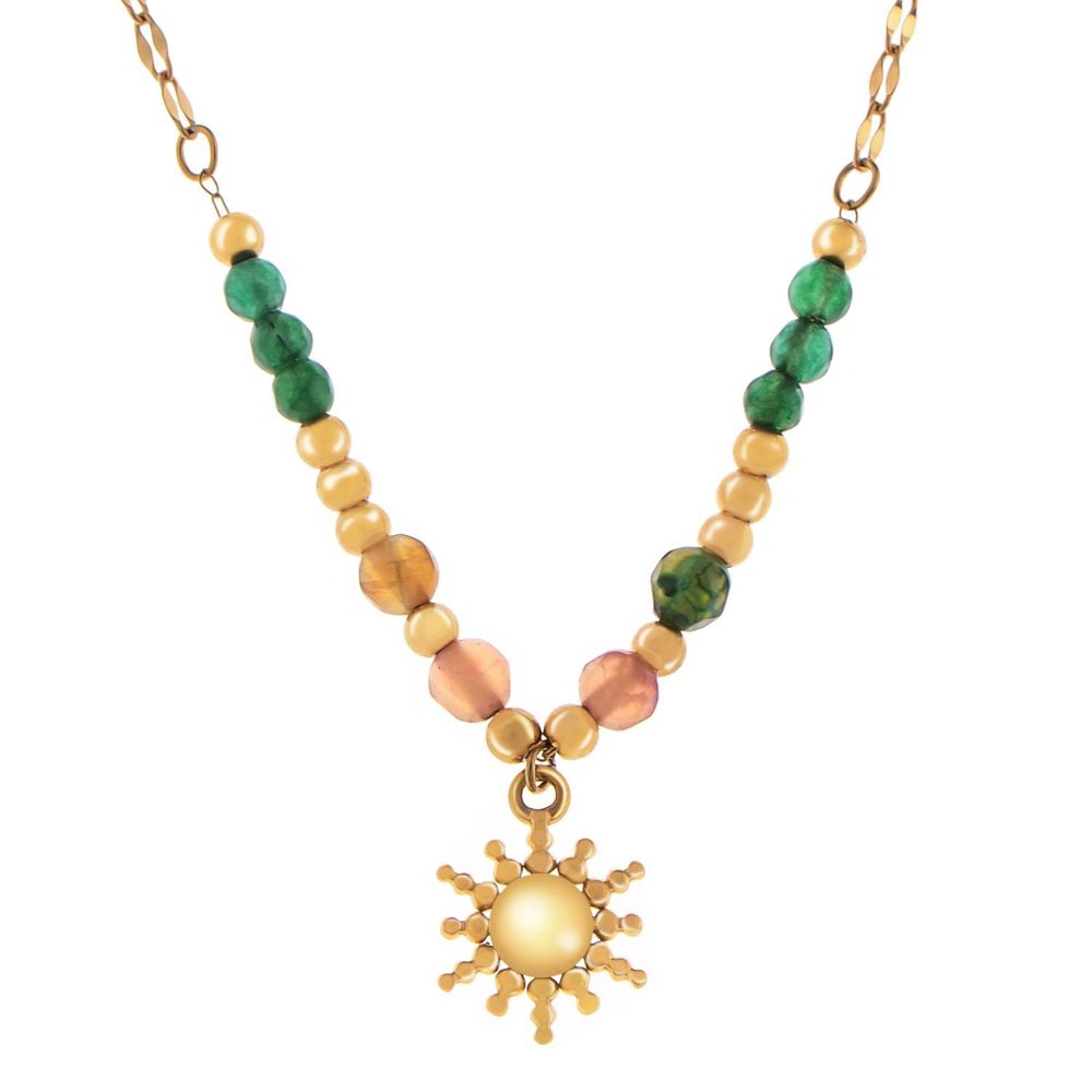 Stainless Steel Beaded Necklace with 18K Gold Plated Sun Pendant, Adjustable Chain, Unique Design with Colorful Beads