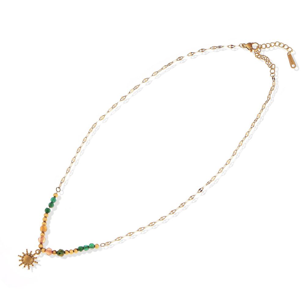 Stainless Steel Beaded Necklace with 18K Gold Plated Sun Pendant, Adjustable Chain, Unique Design with Colorful Beads