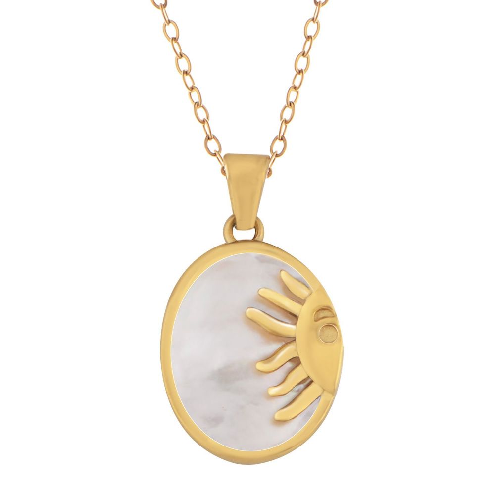 Stainless Steel Necklace with 18K Gold Plated Sun and Moon Pendant, Adjustable Chain, Unique Design with Mother of Pearl