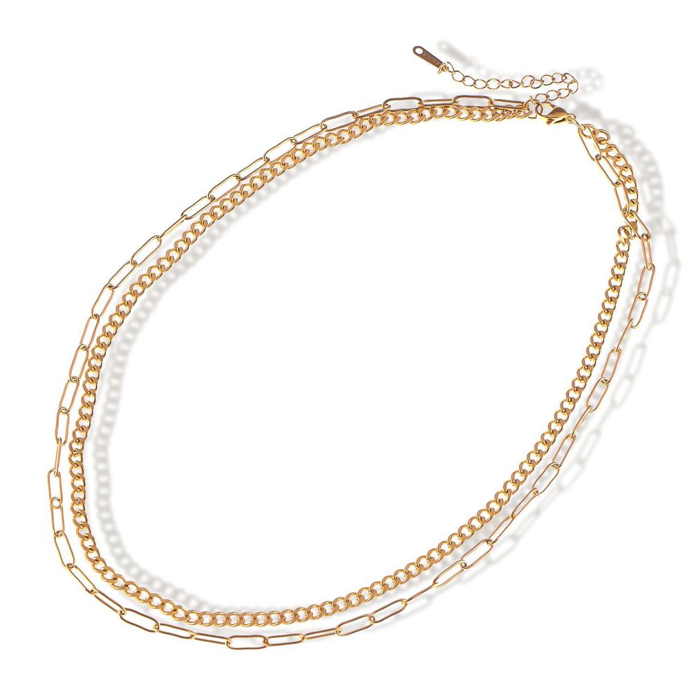 Stainless Steel Double Chain Necklace with 18K Gold Plating, Adjustable Length, Modern and Versatile Design