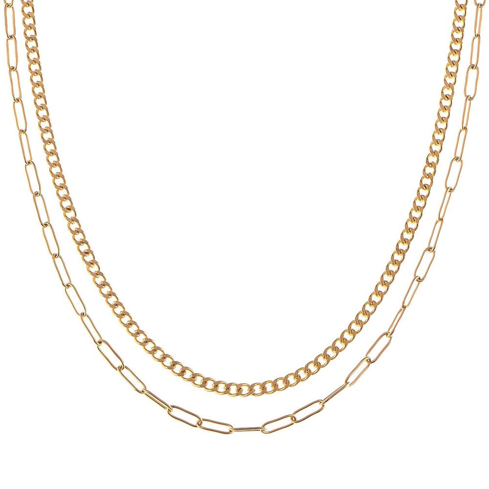 Stainless Steel Double Chain Necklace with 18K Gold Plating, Adjustable Length, Modern and Versatile Design