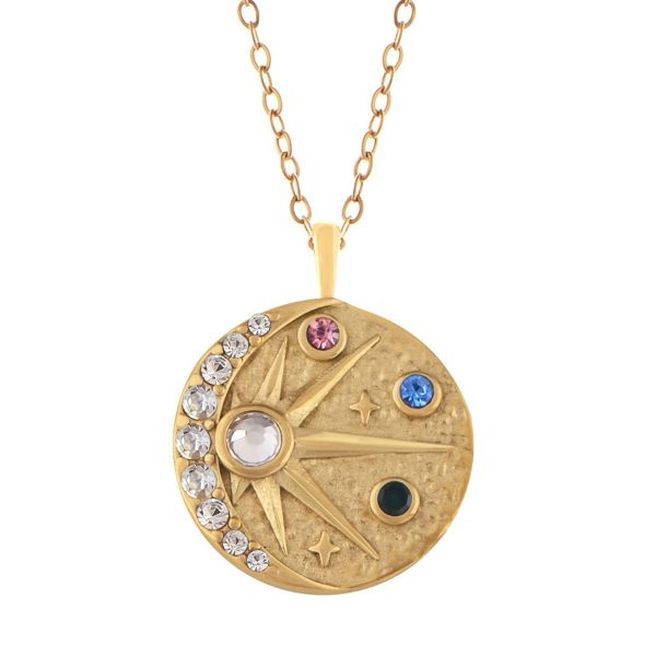 Stainless Steel Necklace with 18K Gold Plated Cosmic Pendant, Colorful Zircon Accents, Adjustable Chain