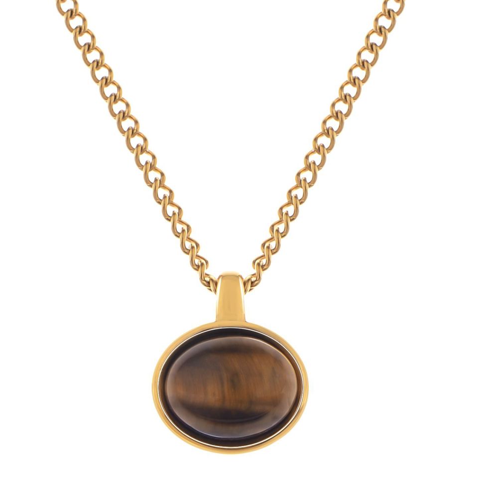 Stainless Steel Necklace with 18K Gold Plated Pendant, Acrylic Tiger's Eye Stone, Adjustable Chain, Unique Design