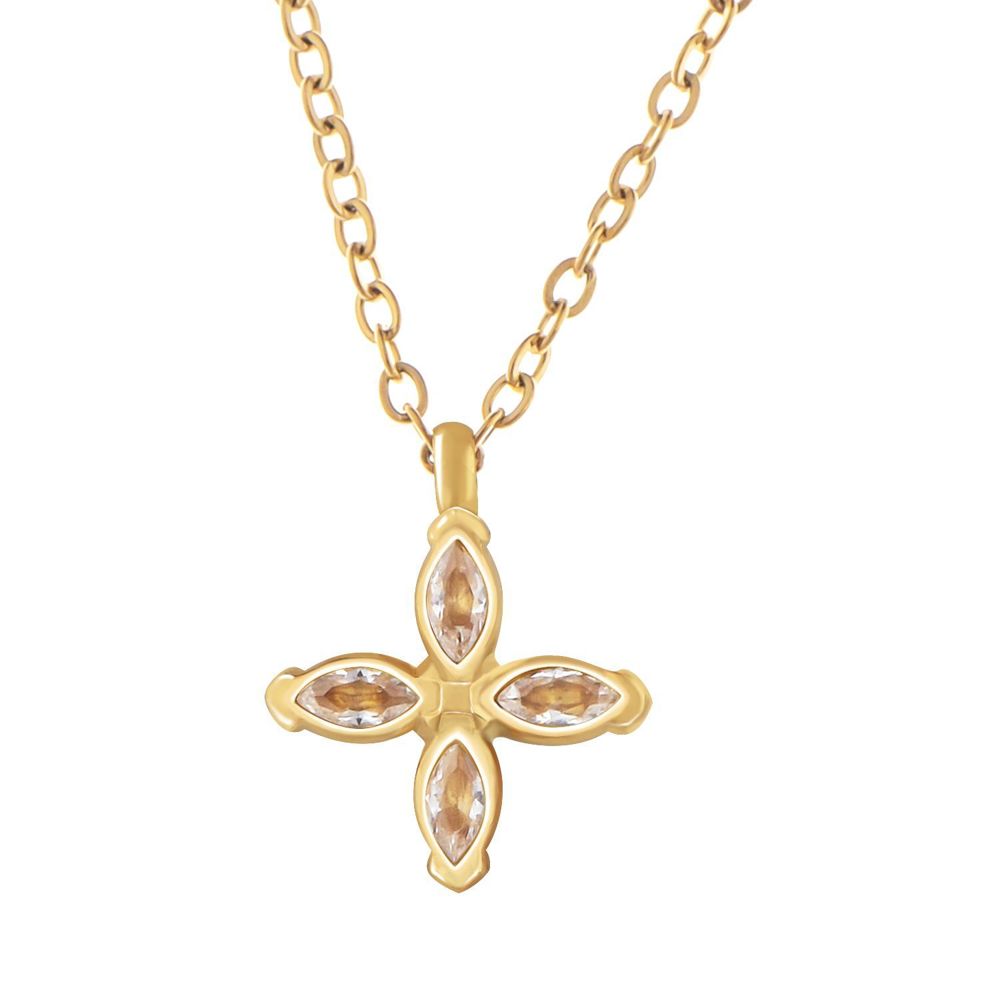 Stainless Steel Necklace with 18K Gold Plated Cross Pendant, Clear Zircon Accents, Adjustable Chain, Modern Design