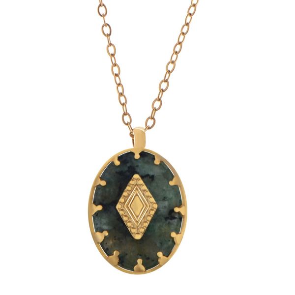 Stainless Steel Necklace with 18K Gold Plated Pendant, Natural Green Stone Inlay, Adjustable Chain, Unique Design