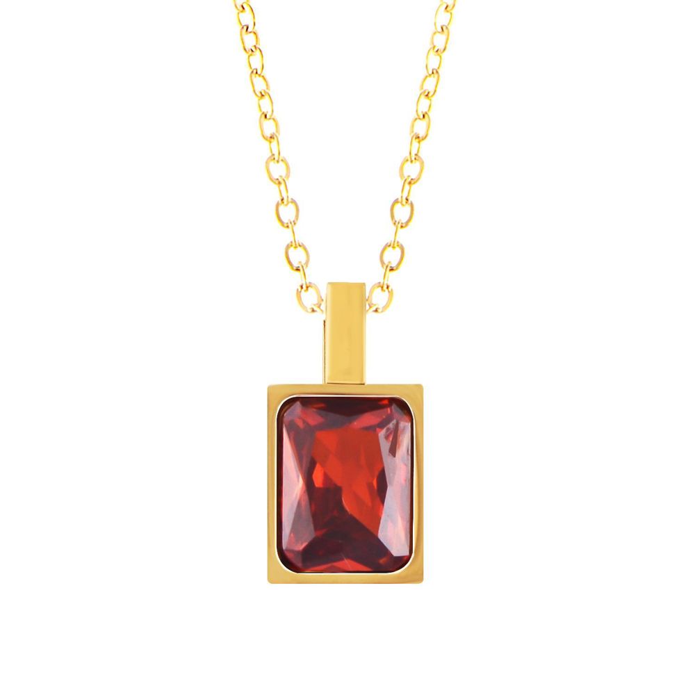 Stainless Steel Necklace with 18K Gold Plated Pendant, Red Zircon Stone, Adjustable Chain, Modern Design