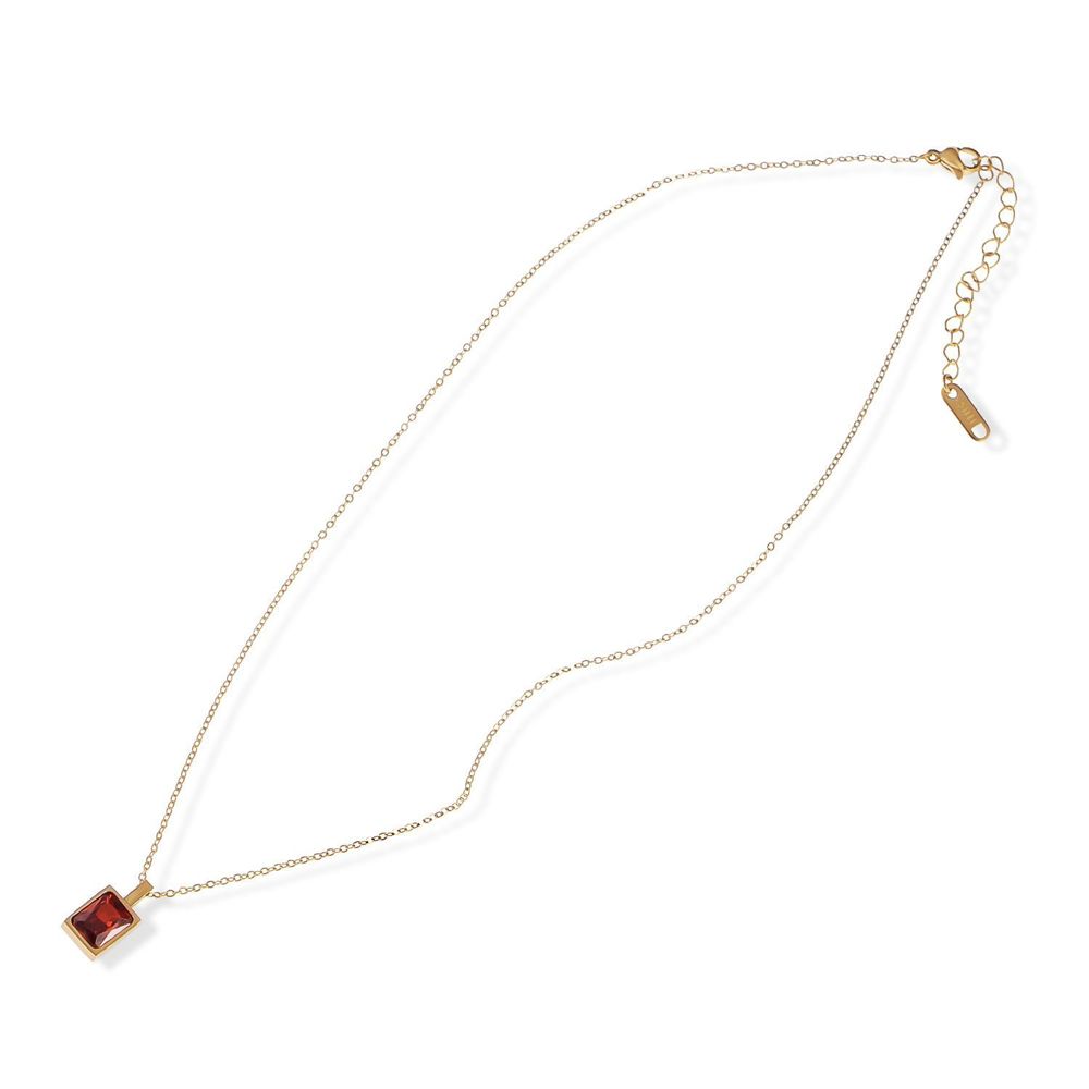 Stainless Steel Necklace with 18K Gold Plated Pendant, Red Zircon Stone, Adjustable Chain, Modern Design