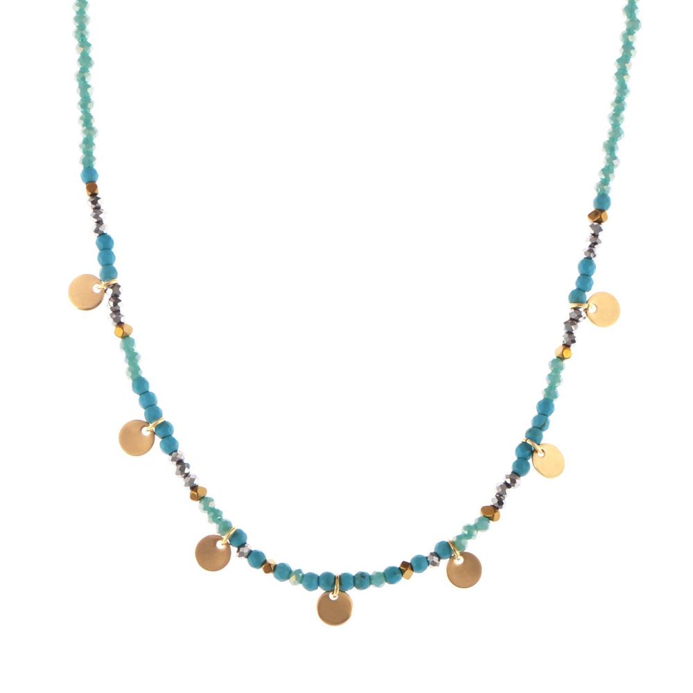 Stainless Steel Beaded Necklace with 18K Gold Plated Discs, Adjustable Length, Colorful and Boho Chic Design